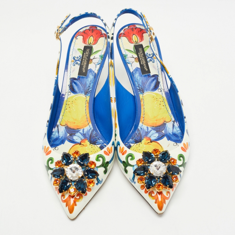 Pre Owned Dolce & Gabbana Multicolor Printed Patent Leather Crystal Embellished Slingback Pumps Size 39