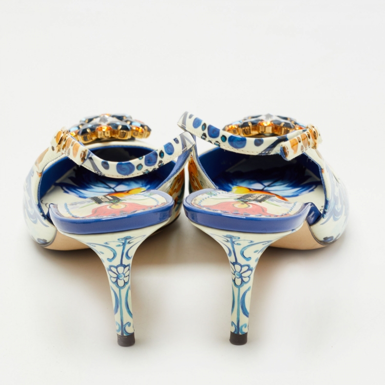Pre Owned Dolce & Gabbana Multicolor Printed Patent Leather Crystal Embellished Slingback Pumps Size 39