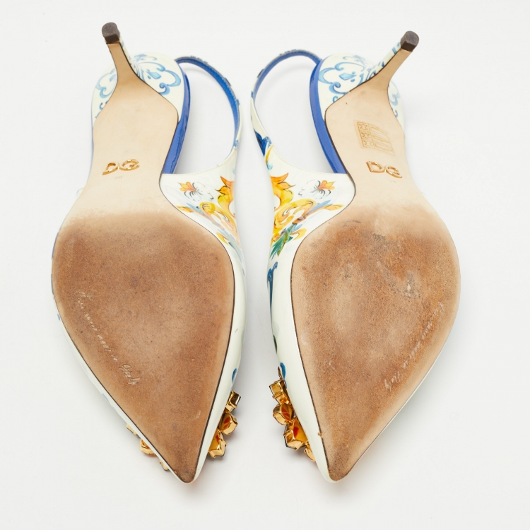 Pre Owned Dolce & Gabbana Multicolor Printed Patent Leather Crystal Embellished Slingback Pumps Size 39
