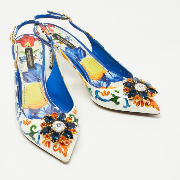 Pre Owned Dolce & Gabbana Multicolor Printed Patent Leather Crystal Embellished Slingback Pumps Size 39