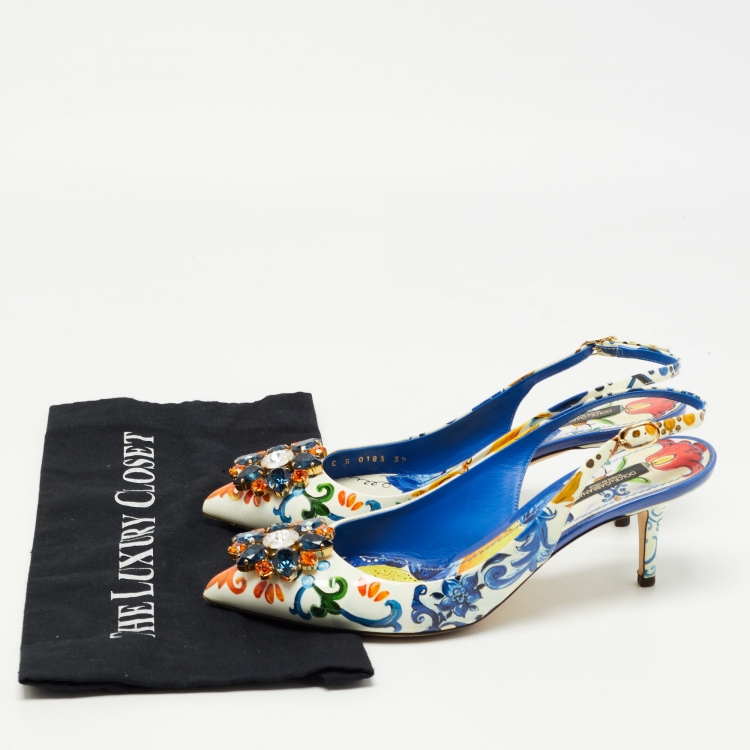 Pre Owned Dolce & Gabbana Multicolor Printed Patent Leather Crystal Embellished Slingback Pumps Size 39