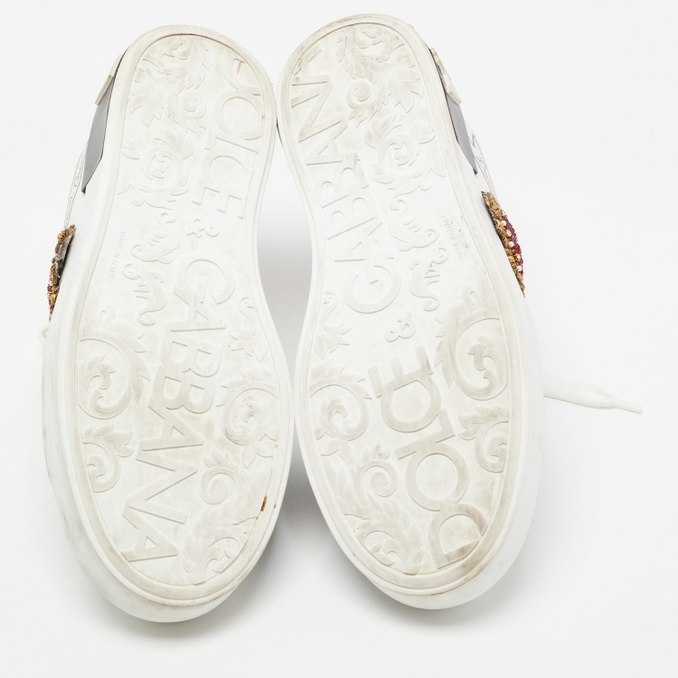 Pre Owned Dolce & Gabbana White Printed Leather Heart Embroidered Portofino Sneakers Size 40.5