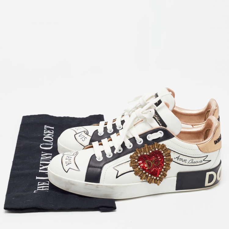 Pre Owned Dolce & Gabbana White Printed Leather Heart Embroidered Portofino Sneakers Size 40.5