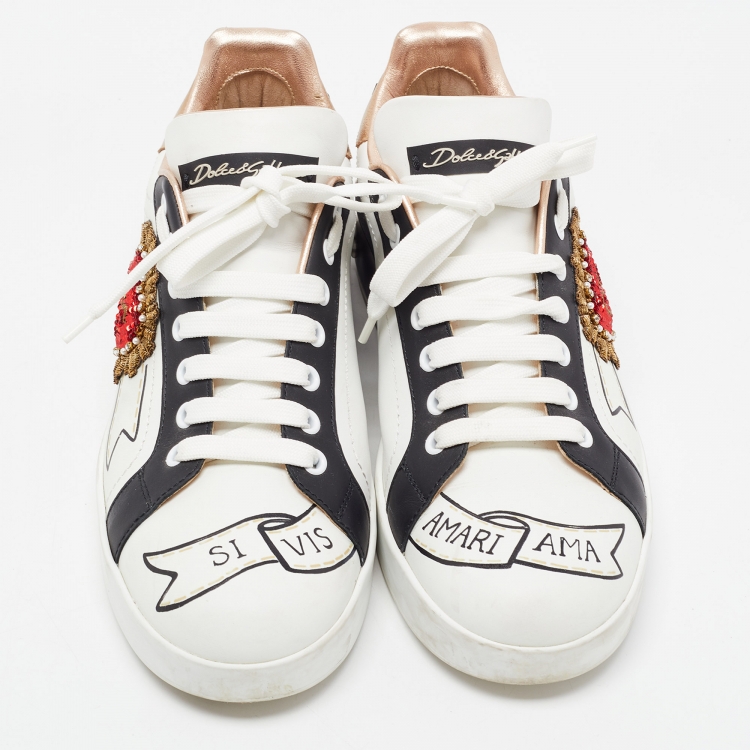 Pre Owned Dolce & Gabbana White Printed Leather Heart Embroidered Portofino Sneakers Size 40.5