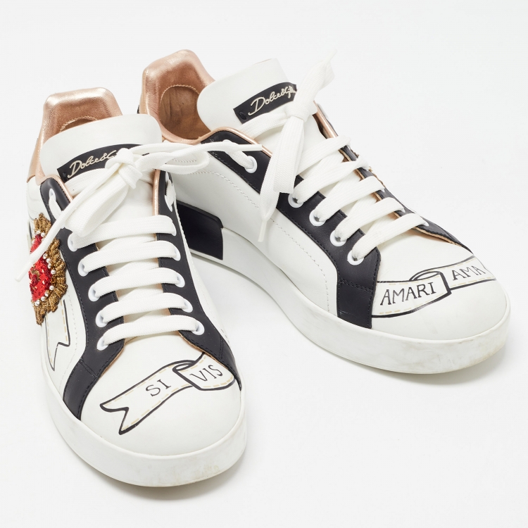 Pre Owned Dolce & Gabbana White Printed Leather Heart Embroidered Portofino Sneakers Size 40.5