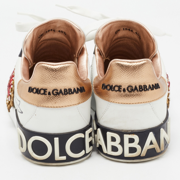 Pre Owned Dolce & Gabbana White Printed Leather Heart Embroidered Portofino Sneakers Size 40.5