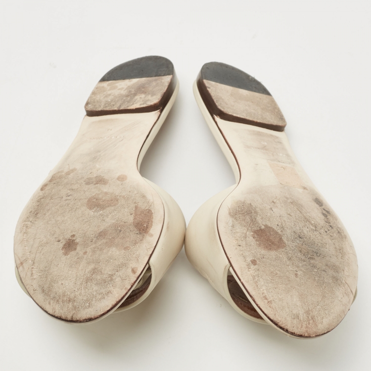 Pre Owned Dolce & Gabbana Beige Leather DG Millennials Flat Slides Size 38