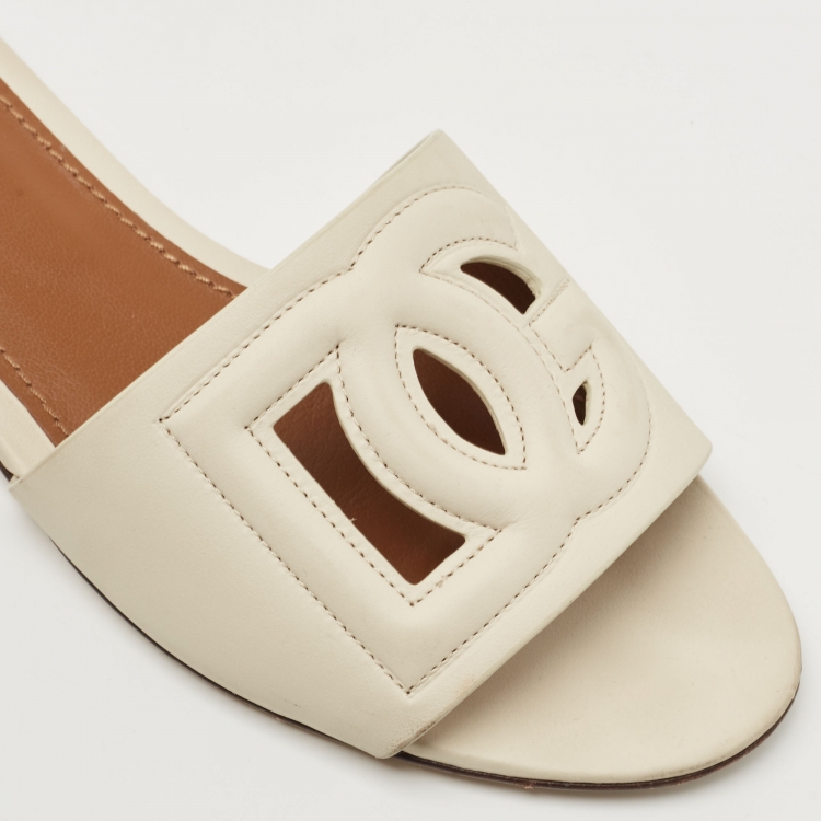 Pre Owned Dolce & Gabbana Beige Leather DG Millennials Flat Slides Size 38