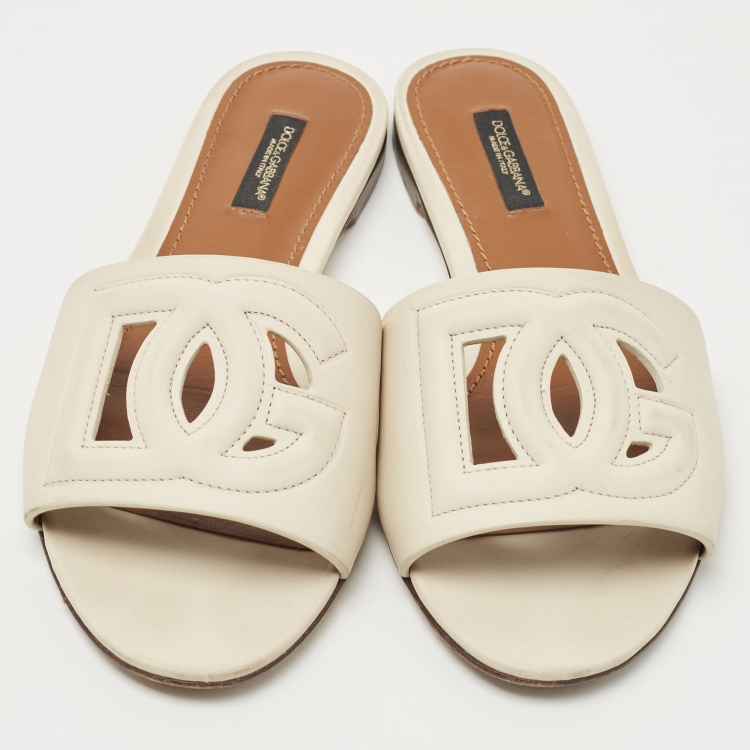 Pre Owned Dolce & Gabbana Beige Leather DG Millennials Flat Slides Size 38
