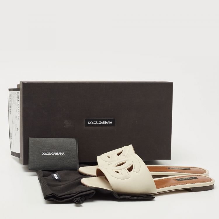 Pre Owned Dolce & Gabbana Beige Leather DG Millennials Flat Slides Size 38