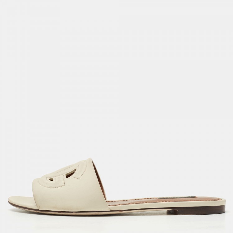 Pre Owned Dolce & Gabbana Beige Leather DG Millennials Flat Slides Size 38
