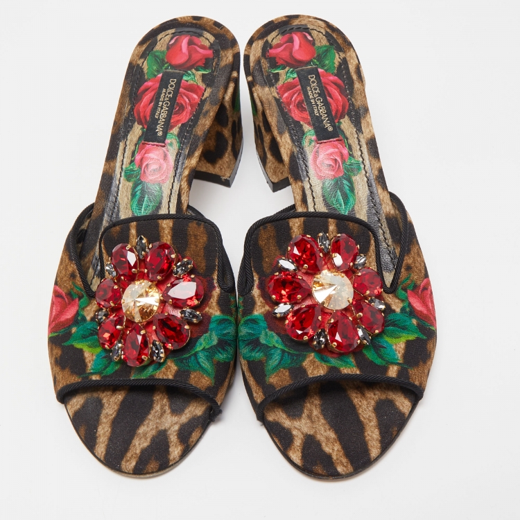 مملوكة مسبقًا Dolce & Gabbana Multicolor Leopard/Floral Print Canvas Crystal Embellished Slide Sandals Size 37