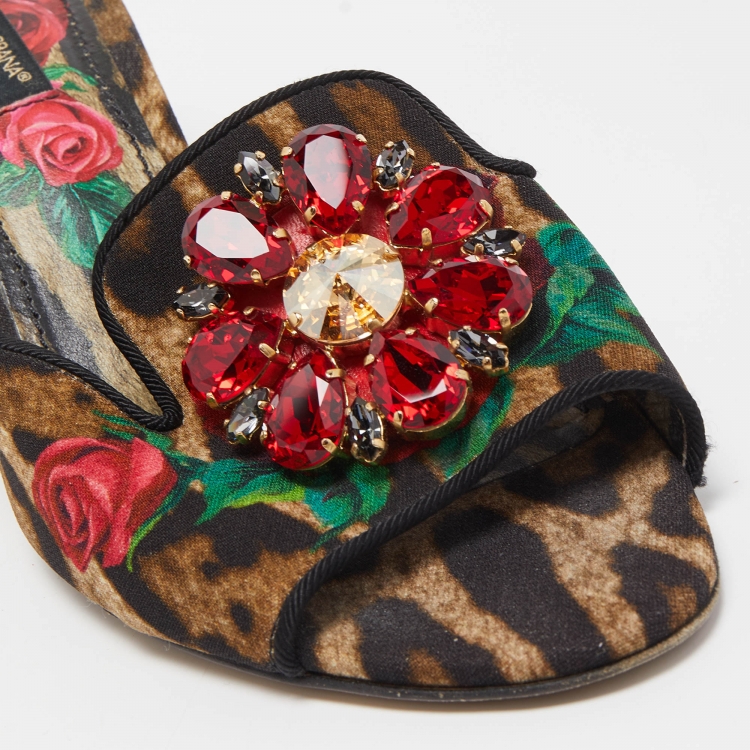 مملوكة مسبقًا Dolce & Gabbana Multicolor Leopard/Floral Print Canvas Crystal Embellished Slide Sandals Size 37