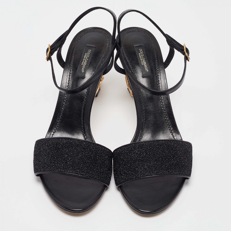 Pre Owned Dolce & Gabbana Black Leather and Lurex Keira DG Baroque Sandals Size 41
