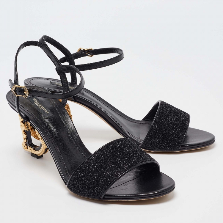 Pre Owned Dolce & Gabbana Black Leather and Lurex Keira DG Baroque Sandals Size 41