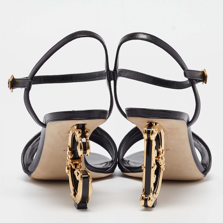 Pre Owned Dolce & Gabbana Black Leather and Lurex Keira DG Baroque Sandals Size 41