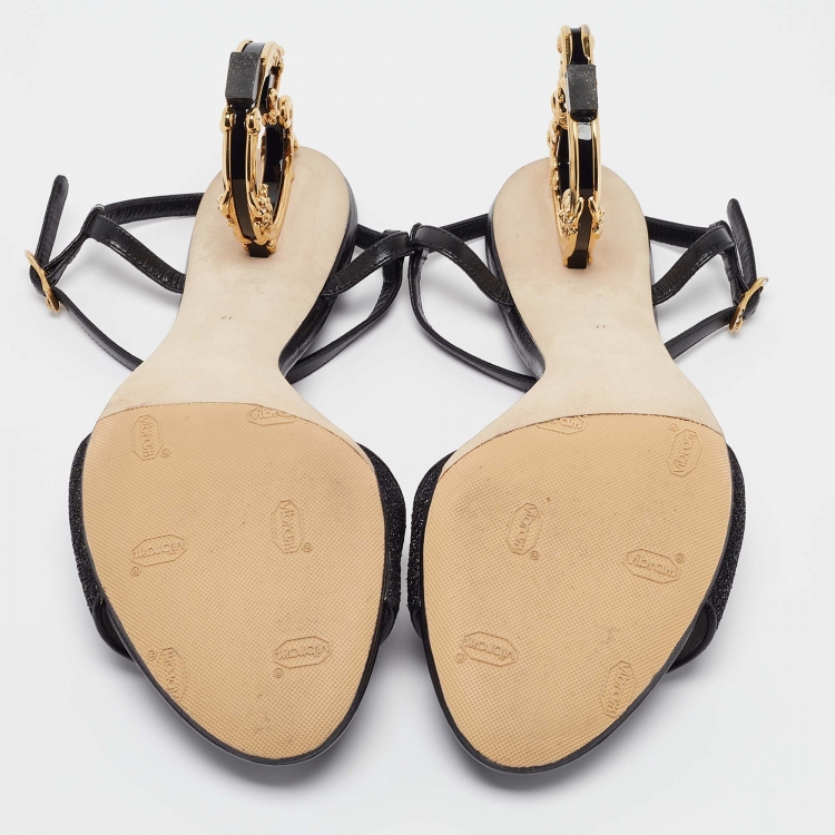Pre Owned Dolce & Gabbana Black Leather and Lurex Keira DG Baroque Sandals Size 41
