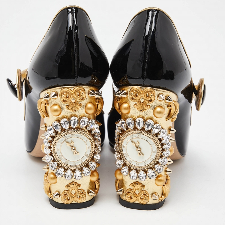 Pre Owned Dolce & Gabbana Black Patent Leather Crystal Embellished Block Heel Mary Jane Pumps Size 39