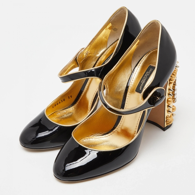 Pre Owned Dolce & Gabbana Black Patent Leather Crystal Embellished Block Heel Mary Jane Pumps Size 39