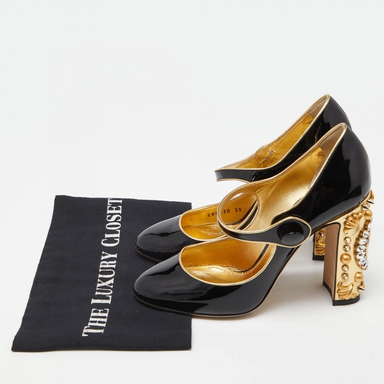 Pre Owned Dolce & Gabbana Black Patent Leather Crystal Embellished Block Heel Mary Jane Pumps Size 39