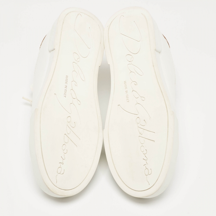 Pre Owned Dolce & Gabbana White Leather Pearl Embellished Portofino Sneakers Size 39