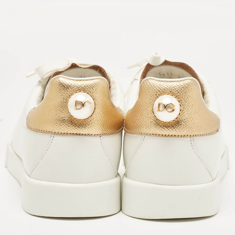 Pre Owned Dolce & Gabbana White Leather Pearl Embellished Portofino Sneakers Size 39