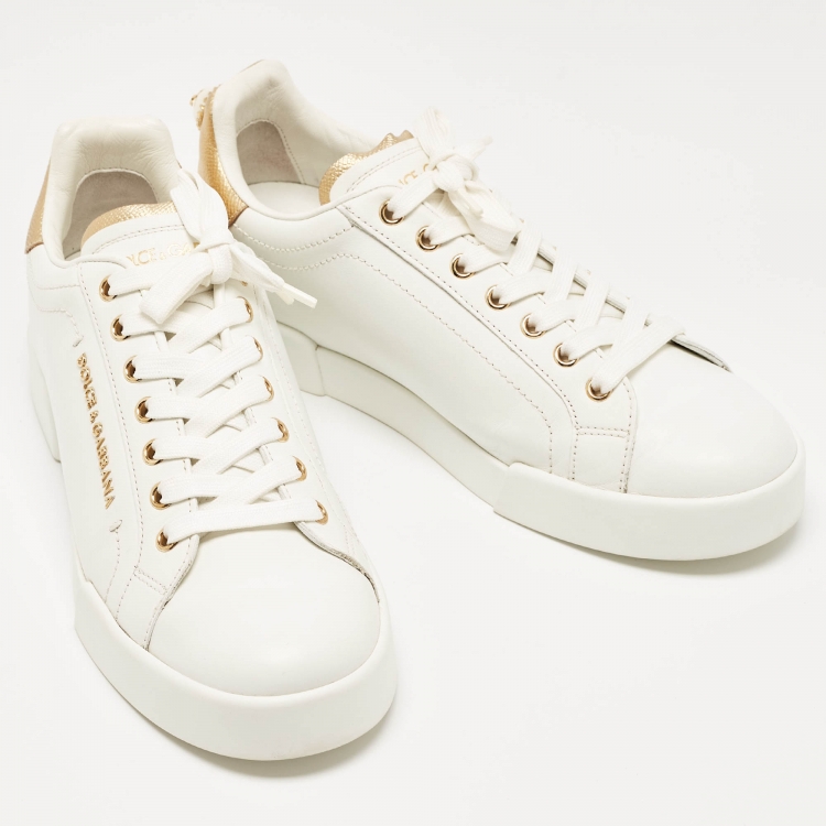 Pre Owned Dolce & Gabbana White Leather Pearl Embellished Portofino Sneakers Size 39