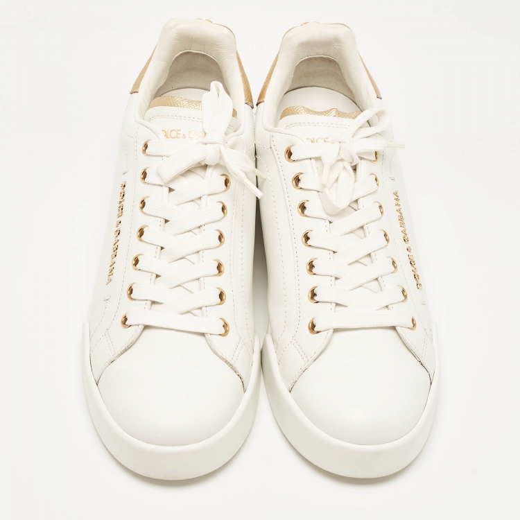 Pre Owned Dolce & Gabbana White Leather Pearl Embellished Portofino Sneakers Size 39