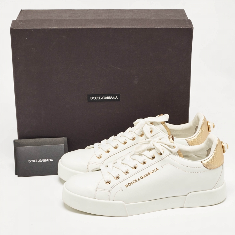 Pre Owned Dolce & Gabbana White Leather Pearl Embellished Portofino Sneakers Size 39
