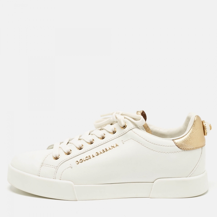Pre Owned Dolce & Gabbana White Leather Pearl Embellished Portofino Sneakers Size 39