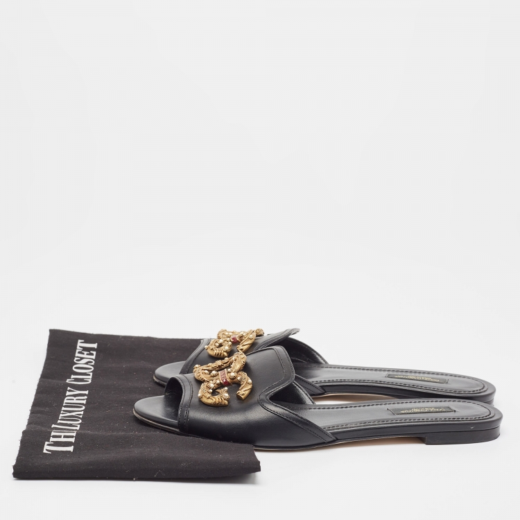 Pre Owned Dolce & Gabbana Black Leather DG Amore Flat Sandals Size 38