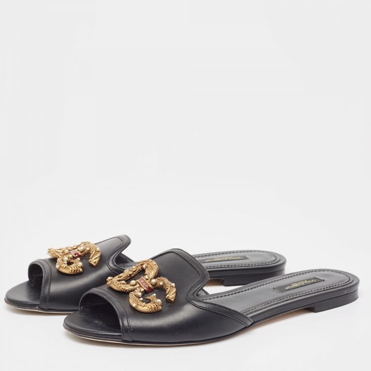 Pre Owned Dolce & Gabbana Black Leather DG Amore Flat Sandals Size 38