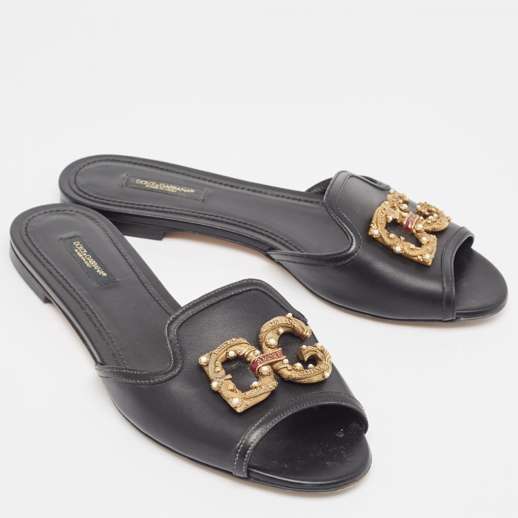 Pre Owned Dolce & Gabbana Black Leather DG Amore Flat Sandals Size 38