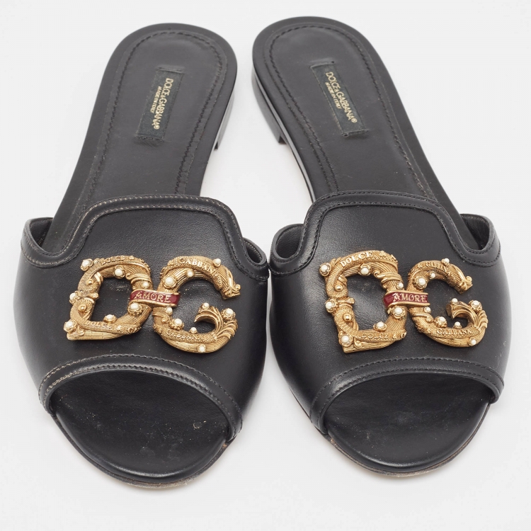 Pre Owned Dolce & Gabbana Black Leather DG Amore Flat Sandals Size 38