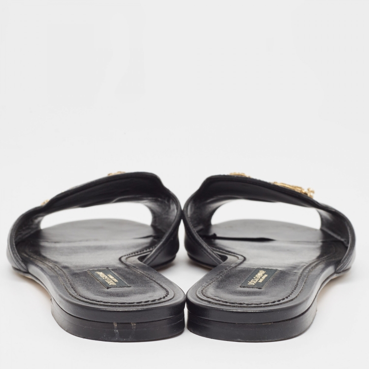 Pre Owned Dolce & Gabbana Black Leather DG Amore Flat Sandals Size 38