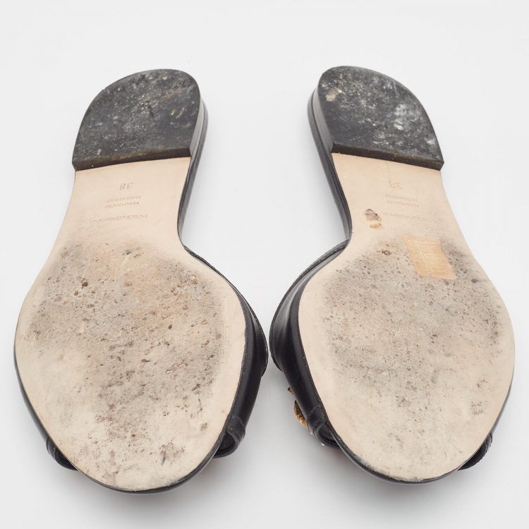 Pre Owned Dolce & Gabbana Black Leather DG Amore Flat Sandals Size 38