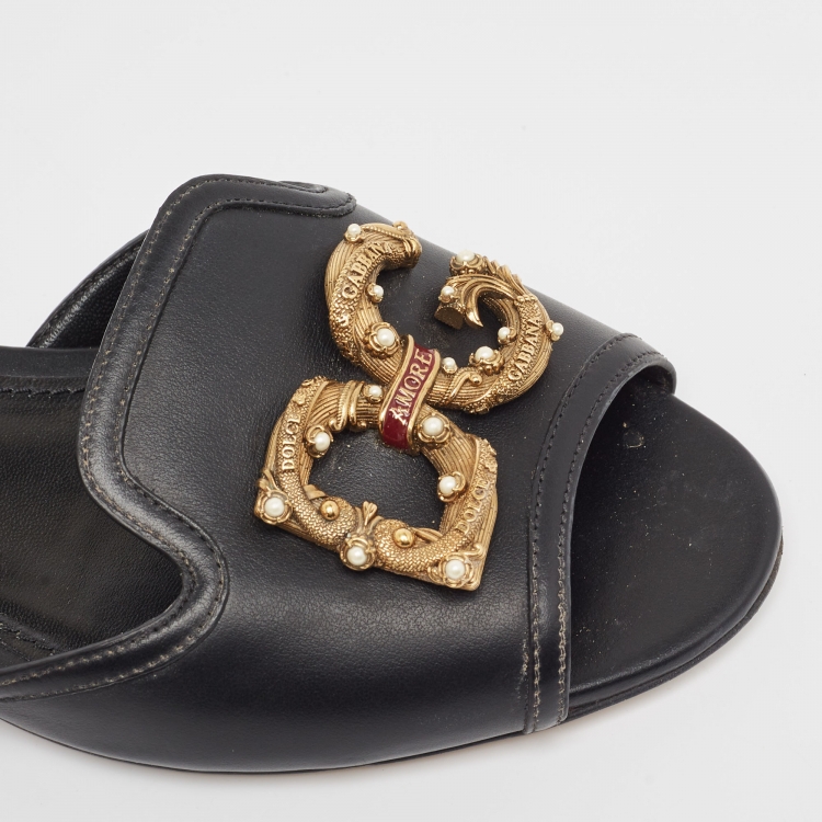 Pre Owned Dolce & Gabbana Black Leather DG Amore Flat Sandals Size 38