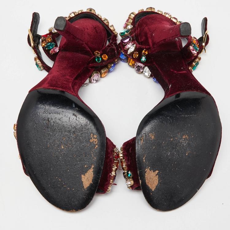 Pre Owned Dolce & Gabbana Burgundy Velvet Crystal Embellished Ankle Strap Sandals Size 41.5