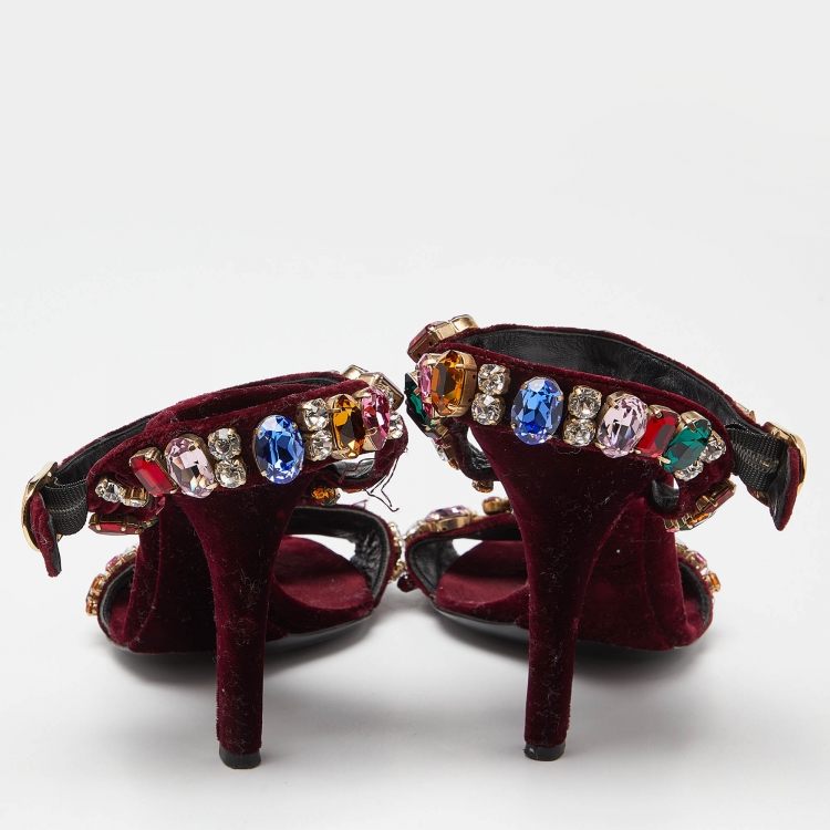 Pre Owned Dolce & Gabbana Burgundy Velvet Crystal Embellished Ankle Strap Sandals Size 41.5