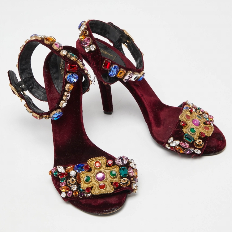 Pre Owned Dolce & Gabbana Burgundy Velvet Crystal Embellished Ankle Strap Sandals Size 41.5