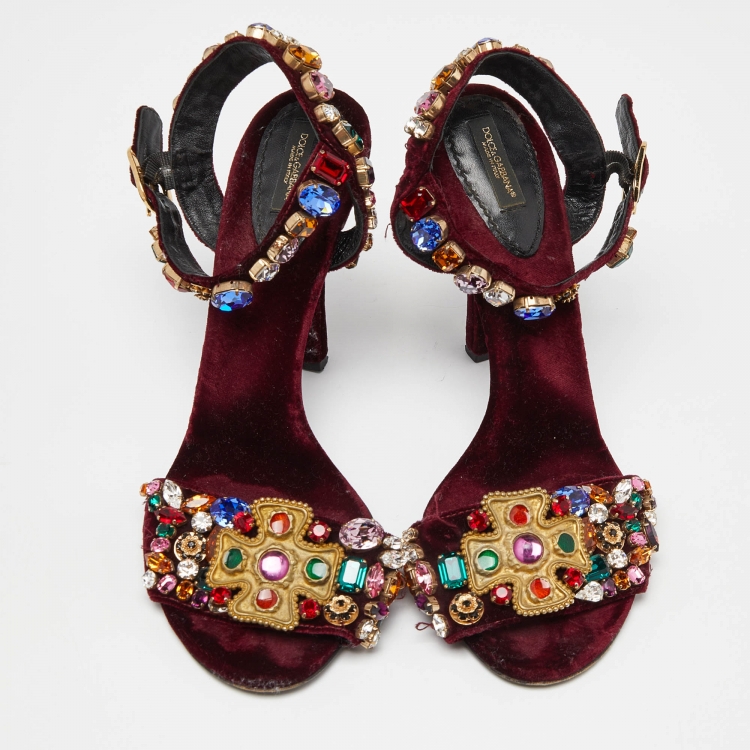Pre Owned Dolce & Gabbana Burgundy Velvet Crystal Embellished Ankle Strap Sandals Size 41.5