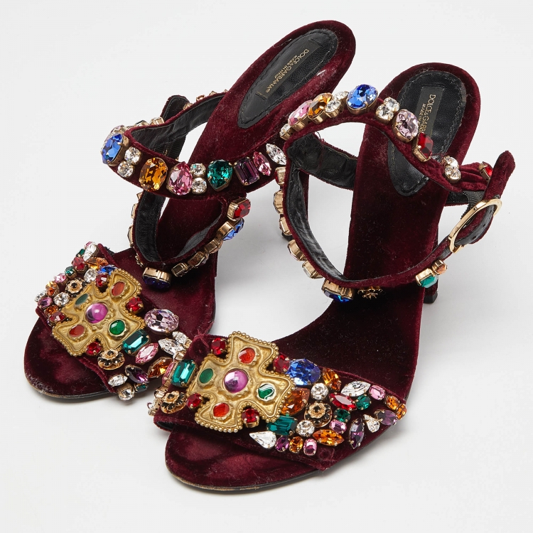 Pre Owned Dolce & Gabbana Burgundy Velvet Crystal Embellished Ankle Strap Sandals Size 41.5
