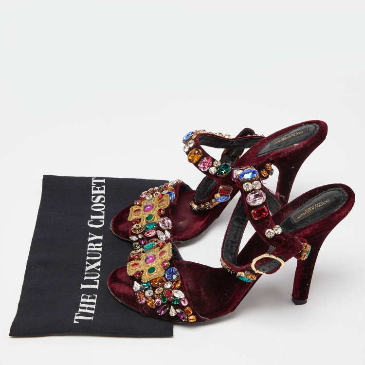 Pre Owned Dolce & Gabbana Burgundy Velvet Crystal Embellished Ankle Strap Sandals Size 41.5