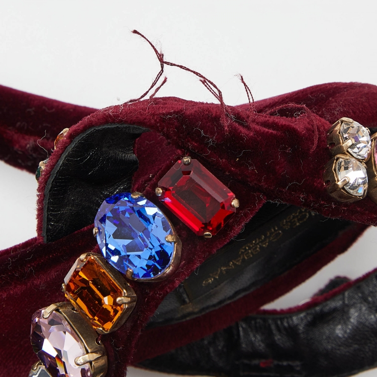 Pre Owned Dolce & Gabbana Burgundy Velvet Crystal Embellished Ankle Strap Sandals Size 41.5