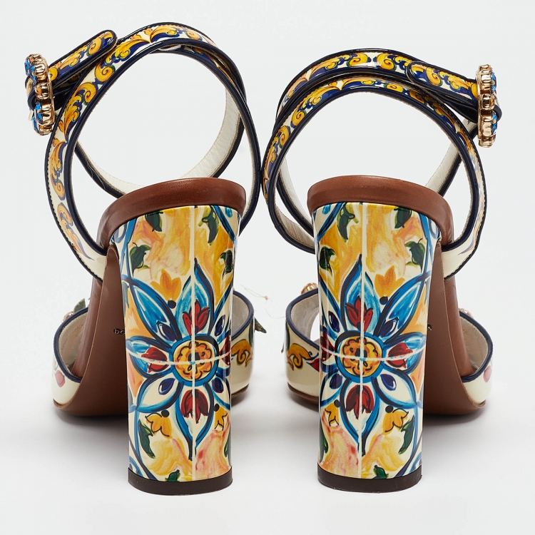 Pre Owned Dolce & Gabbana Multicolor Printed Patent Leather Embellished Ankle Wrap Sandals Size 38