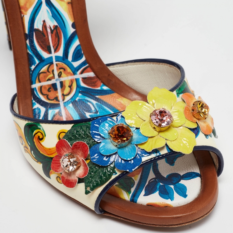 Pre Owned Dolce & Gabbana Multicolor Printed Patent Leather Embellished Ankle Wrap Sandals Size 38