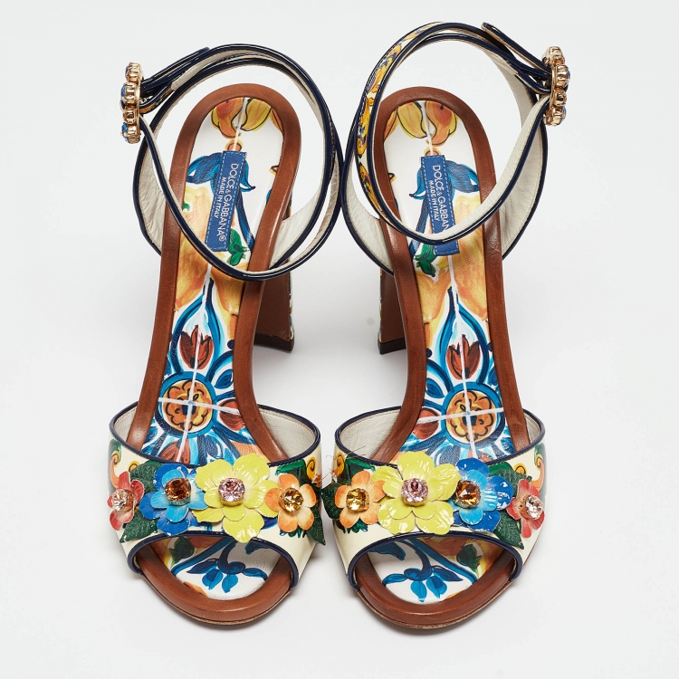 Pre Owned Dolce & Gabbana Multicolor Printed Patent Leather Embellished Ankle Wrap Sandals Size 38