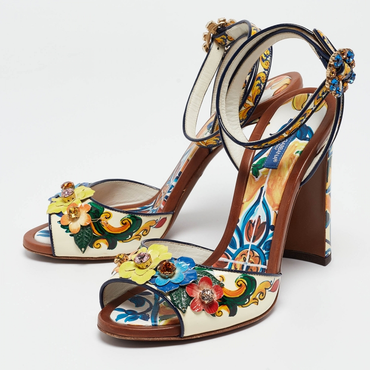 Pre Owned Dolce & Gabbana Multicolor Printed Patent Leather Embellished Ankle Wrap Sandals Size 38