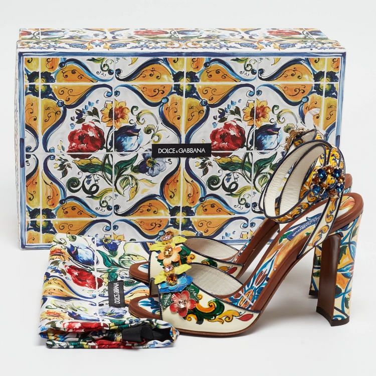 Pre Owned Dolce & Gabbana Multicolor Printed Patent Leather Embellished Ankle Wrap Sandals Size 38