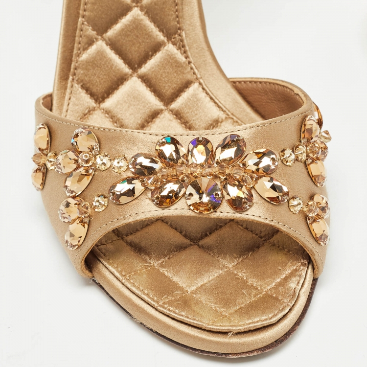 Pre Owned Dolce & Gabbana Gold Satin Crystal Embellished Ankle Strap Sandals Size 37